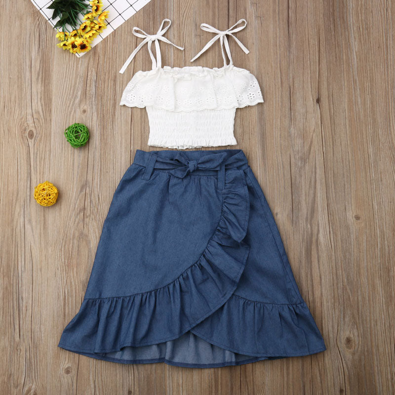 Lace Sling Top+ Imitation Denim Skirt