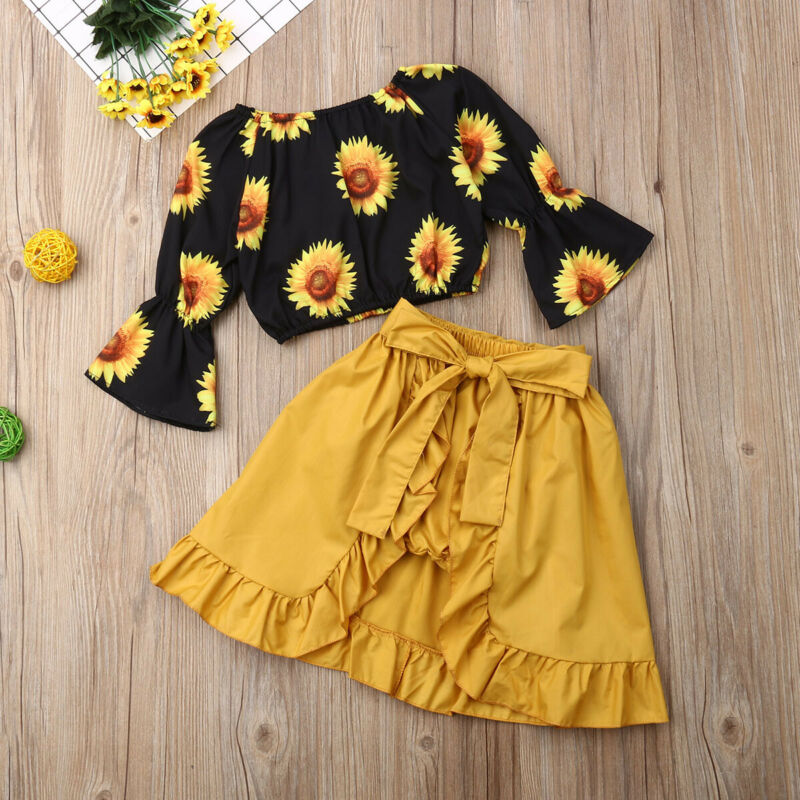 Print Sunflower Tops+Yellow Baby Skirt