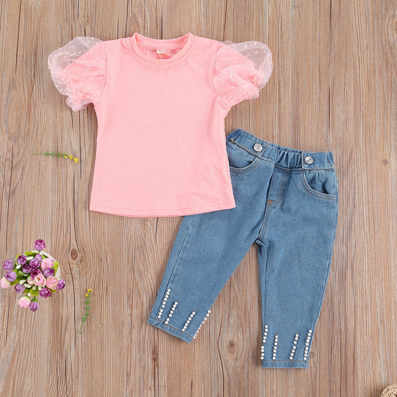 Short Sleeve Lace Pink Shirt + Pant