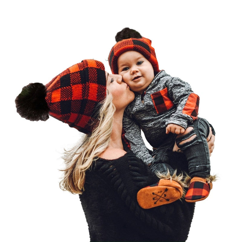 Fashionable Plaid Woolen Baby Red Hat