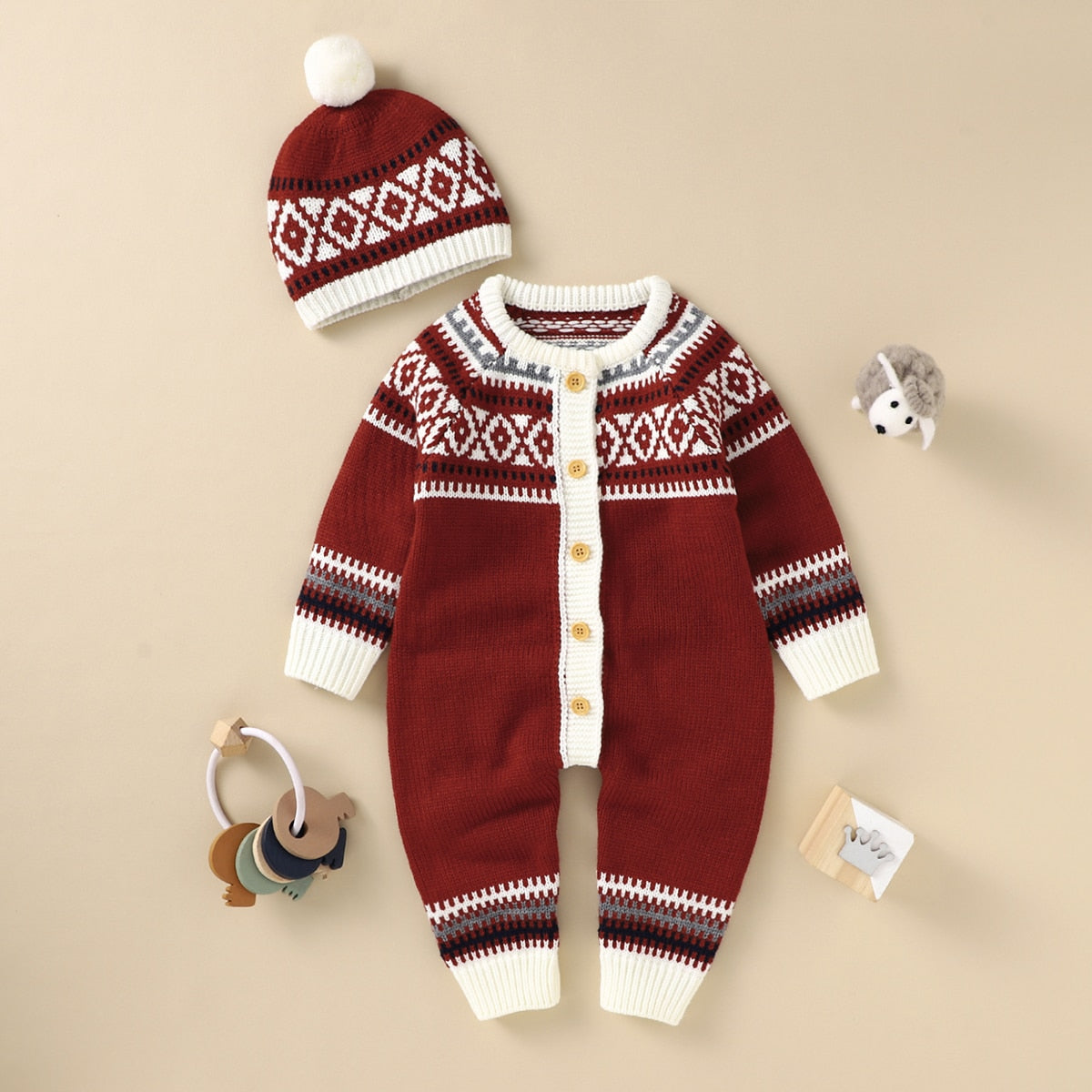 Long Sleeve Printed O-Neck Romper with Hat