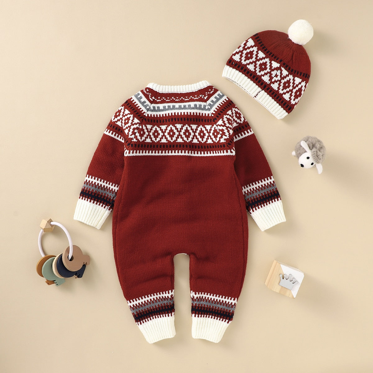 Long Sleeve Printed O-Neck Romper with Hat