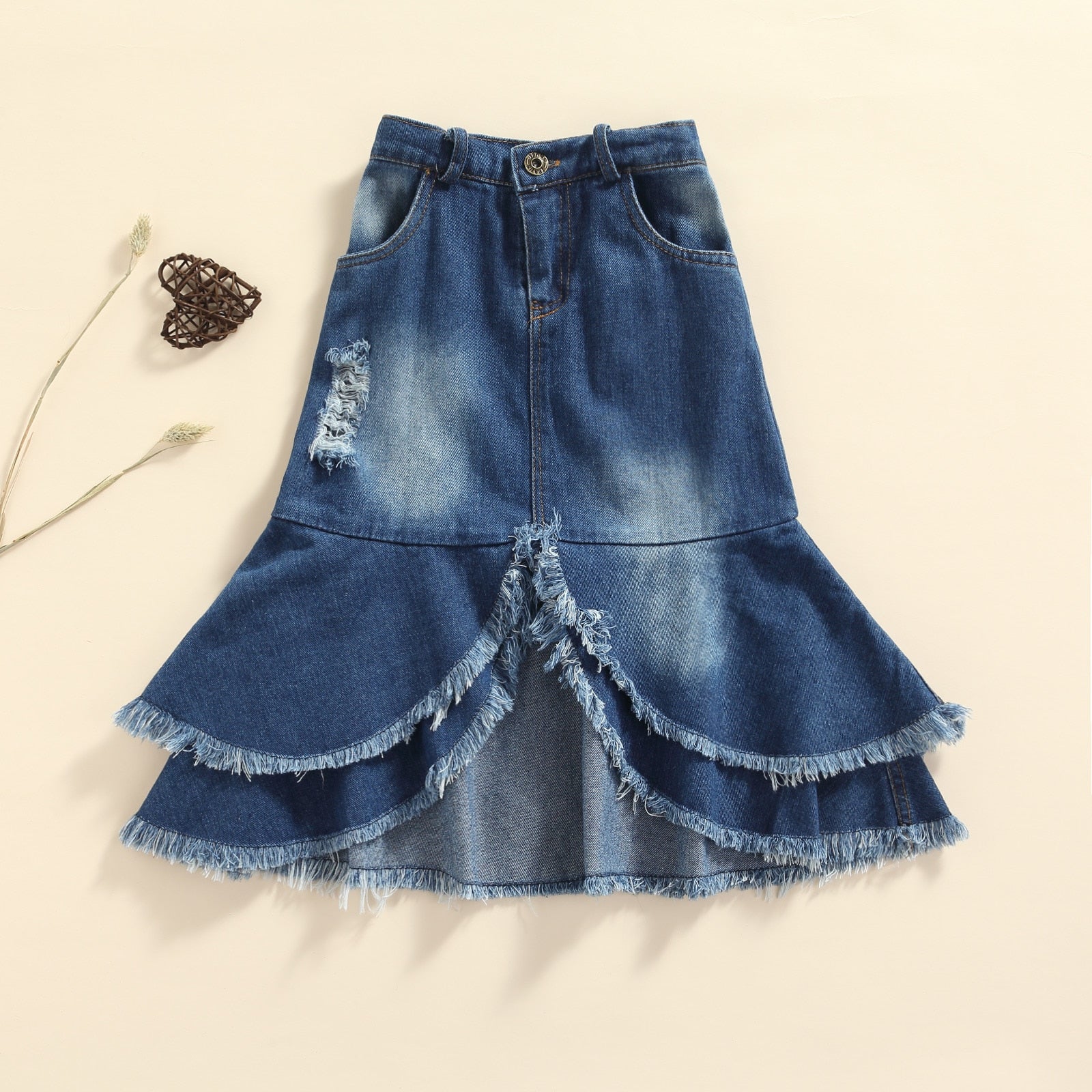 Girl Solid Color Midi Denim Skirt