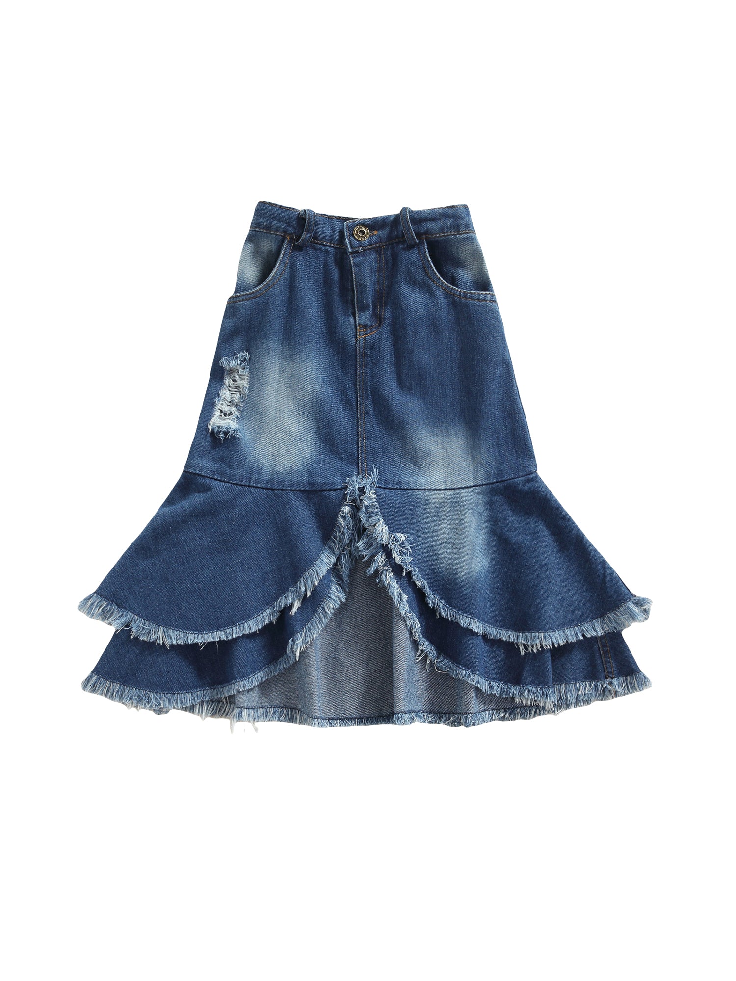 Girl Solid Color Midi Denim Skirt